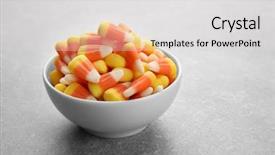  Presentation with halloween candy assorti - Amazing PPT theme having bowl with tasty halloween candies backdrop and a light gray colored foreground