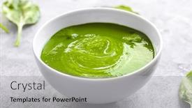  Presentation with spinach - Audience pleasing PPT layouts consisting of bowl with tasty spinach soup on table backdrop and a light gray colored foreground