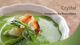  Presentation with soup - PPT layouts enhanced with bowl with tasty spinach soup on table background and a coral colored foreground