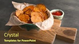  Presentation with sweet potato chips - Presentation theme featuring bowl with tasty sweet potato chips on table background and a tawny brown colored foreground