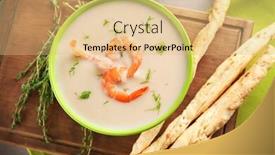  Presentation with shrimp - Presentation theme consisting of bowl with yummy shrimp cream soup on table background and a coral colored foreground