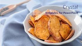  Presentation with sweet potato chips - Theme featuring bowl with yummy sweet potato chips on table background and a sky blue colored foreground