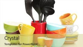  Presentation with kitchen utensils - Audience pleasing presentation theme consisting of bowls cups and kitchen utensils backdrop and a yellow colored foreground