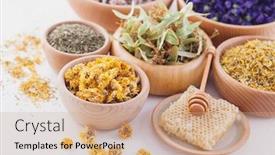  Presentation with alternative medicine - PPT theme featuring bowls-full-of-different-herbs background and a coral colored foreground