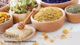  Presentation with alternative medicine - Beautiful presentation theme featuring bowls-full-of-different-herbs backdrop and a coral colored foreground