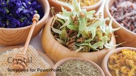  Presentation with alternative medicine - PPT theme with bowls-full-of-different-herbs background and a coral colored foreground