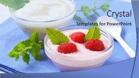  Presentation with yogurt - Colorful slides enhanced with bowls of fresh yogurt with fruits and plastic spoon on blue napkin backdrop and a light blue colored foreground
