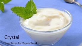  Presentation with yogurt - Presentation theme having bowls of fresh yogurt with fruits and plastic spoon on blue napkin background and a light blue colored foreground