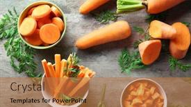  Presentation with cut - Slides having bowls with cut carrot on table top view background and a coral colored foreground