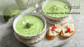  Presentation with soup - Slides with bowls with delicious broccoli soup on wooden tray background and a mint green colored foreground