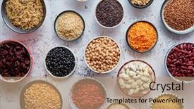  Presentation with organic rice - PPT theme featuring bowls with raw peas background and a coral colored foreground