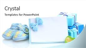  Presentation with gifts - Audience pleasing presentation design consisting of text box - beautiful gifts baby's bootees blank backdrop and a white colored foreground