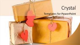  Presentation with labels - Colorful PPT theme enhanced with three parcels with blank heart backdrop and a yellow colored foreground