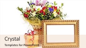  Presentation with golden frame on purple - Presentation consisting of box and golden picture frame background and a coral colored foreground