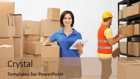  Presentation with warehouse cartoon - Colorful presentation theme enhanced with young woman holding cartoon box backdrop and a coral colored foreground