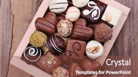  Presentation with rustic - Audience pleasing PPT layouts consisting of box filled with chocolates backdrop and a tawny brown colored foreground