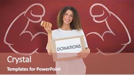  Presentation with community service happy volunteer group - Presentation consisting of box of donations and jam background and a  colored foreground