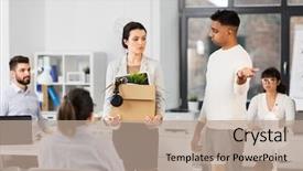  Presentation with loss - Colorful presentation enhanced with box of personal stuff leaving backdrop and a coral colored foreground