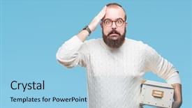  Presentation with elegant man in glasses optics - Colorful slides enhanced with box over isolated background stress backdrop and a light blue colored foreground