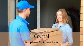  Presentation with express delivery service by motorcycle - Amazing PPT theme having box to recipient - courier service backdrop and a coral colored foreground