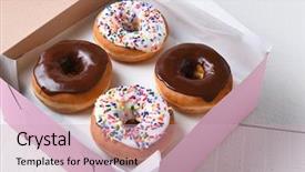  Presentation with donuts pink - Cool new PPT theme with box with four fresh donuts backdrop and a soft green colored foreground