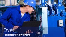  Presentation with distribution - Audience pleasing presentation consisting of box with laptop in factory backdrop and a navy blue colored foreground