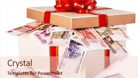  Presentation with an open gift box - Cool new PPT theme with box with money russian rouble backdrop and a  colored foreground