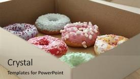  Presentation with donuts - Beautiful PPT theme featuring box with tasty colorful donuts close up view backdrop and a mint green colored foreground