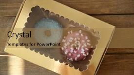  Presentation with donuts - Slide deck enhanced with box with tasty colorful donuts on wooden table background and a coral colored foreground