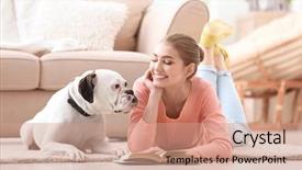  Presentation with boxer dog - PPT theme with boxer dog indoors pet adoption background and a coral colored foreground