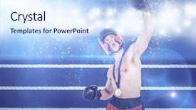 Presentation with gold medal - PPT theme having boxer wearing gold medal performing boxing stance against composite image of ring ropes background and a sky blue colored foreground