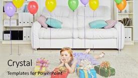  Presentation with tethered hot air balloons - PPT theme enhanced with boxes and birthday air balloons background and a soft green colored foreground