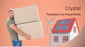 Presentation with delivery rider - PPT theme featuring boxes by windmill and house background and a coral colored foreground
