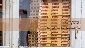  Presentation with pizzeria - PPT theme featuring boxes for pizza in a pizzeria street sales in background and a coral colored foreground