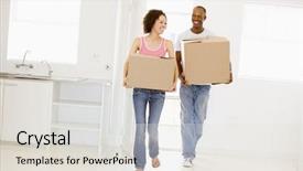 Presentation with new home sales - Audience pleasing presentation theme consisting of boxes moving into new home backdrop and a sky blue colored foreground