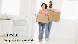  Presentation with new home sales - Presentation featuring boxes moving into new home background and a light gray colored foreground