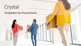  Presentation with moving business - Presentation theme enhanced with people with cardboard boxes moving background and a sky blue colored foreground