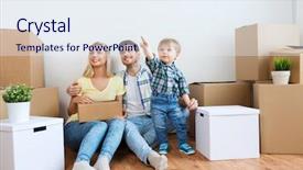  Presentation with real estate prices - PPT theme having boxes moving to new home background and a sky blue colored foreground