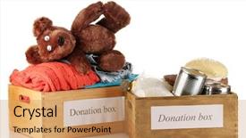  Presentation with food donation - Slides featuring boxes with clothing and food background and a coral colored foreground
