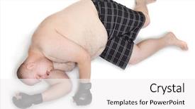  Presentation with crisis - Theme with boxing sport - loser overweight big man lying background and a white colored foreground