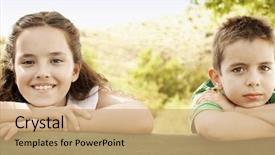  Presentation with railing - Audience pleasing slides consisting of boy 7-9 and girl 10-12 leaning against railing portrait backdrop and a coral colored foreground