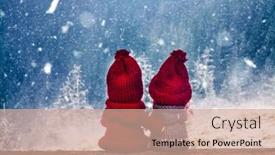  Presentation with winter wonderland - Slide set consisting of boy and girl christmas dolls in winter wonderland watching snowy fir trees in the mountains background and a coral colored foreground
