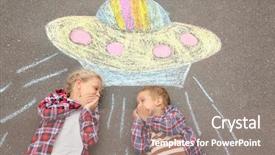  Presentation with alien - Beautiful PPT theme featuring boy and girl lying near backdrop and a coral colored foreground