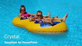  Presentation with play kids - Audience pleasing PPT theme consisting of boy-and-girl-on-inflatable backdrop and a teal colored foreground