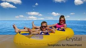  Presentation with water wave - Slide set featuring boy-and-girl-on-inflatable background and a gold colored foreground