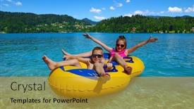  Presentation with floating - Cool new slide deck with boy-and-girl-on-inflatable backdrop and a gold colored foreground