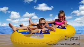  Presentation with water wave - Beautiful PPT theme featuring boy-and-girl-on-inflatable backdrop and a gold colored foreground