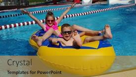  Presentation with play kids - Beautiful slide deck featuring boy-and-girl-on-inflatable backdrop and a gold colored foreground