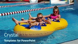  Presentation with play kids - Audience pleasing slide deck consisting of boy-and-girl-on-inflatable backdrop and a ocean colored foreground