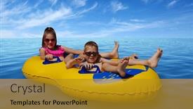  Presentation with blue wave - Presentation theme consisting of boy-and-girl-on-inflatable background and a gold colored foreground
